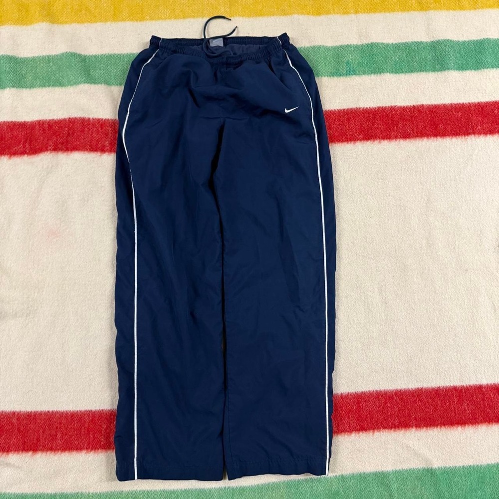 Vintage Nike Track Pants Mens Medium Navy Blue Y2K Baggy Striped Windbreaker